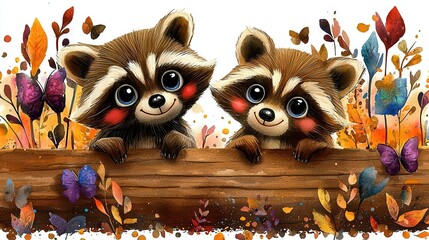 Wall Mural -   Two raccoons resting on a wood panel facing a lush butterfly-filled forest