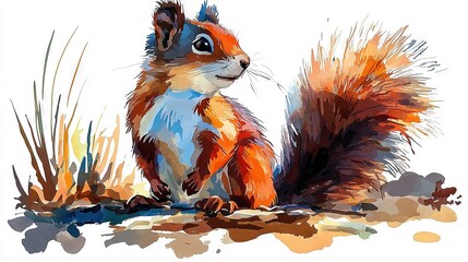 Wall Mural -   A painting of a squirrel sitting on the ground with grass in the foreground and a blue sky in the background