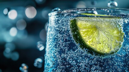 Poster - Close-up of a frosty glass of sparkling water with bubbles and a lime wedge