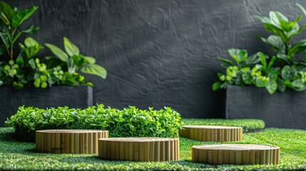 Poster - Four round wooden podiums on green grass with plants in background.