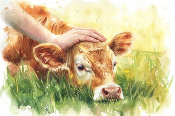 Wall Mural - A cow grazing in a lush green meadow