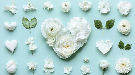 Wall Mural -   Blue background featuring white flowers and heart-shaped leaves