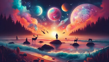 Sticker - Surreal Seascape with Celestial Wonders and a Solitary Figure - A mystical seascape with a solitary figure standing on a rock, gazing up at a breathtaking display of celestial wonders, including plane