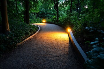 Poster - A serene woodland scene with an amber glow from the setting sun, illuminating the trees and casting a warm light on the path