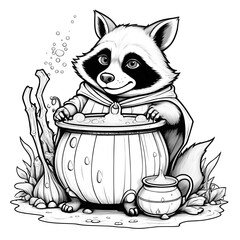 Wall Mural - chubby raccoon with cauldron  line art  generative ai