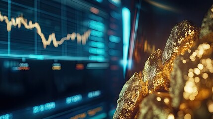 Poster - Close-up of a gold trading chart with highlighted trend lines and price alerts on a high-resolution monitor