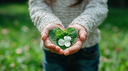 Wall Mural -   A person holding a heart-shaped leaf with a four-leaf clover in its center