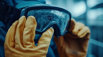 A person wearing protective gloves and goggles, preparing for a task in a safety-focused environment.