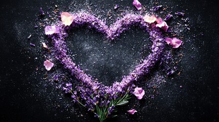 Wall Mural -   A heart-shaped bouquet of purple flowers adorned in sparkling sprinkles, set against a deep black backdrop