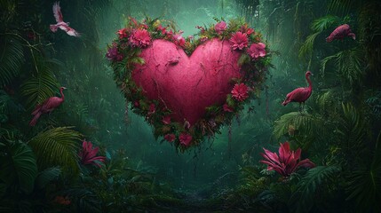 Wall Mural -  An artful heart sculpted from pink blossoms and encircled by flamingos amidst a lush forest