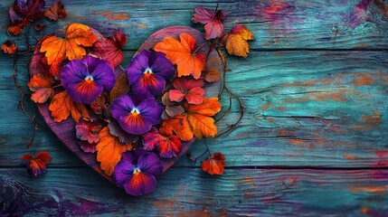 Wall Mural -   A heart-shaped arrangement of purple and orange pansies on a blue-painted wooden background with leaves and flowers