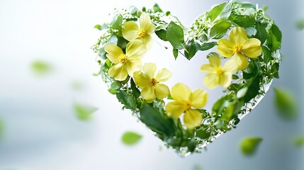 Wall Mural -   Heart-shaped bouquet of yellow blossoms with green foliage drifting against blue-white backdrop