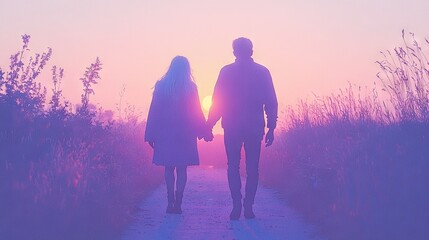 Wall Mural -   A man and woman hold hands, watching the sun set on a field of tall grass