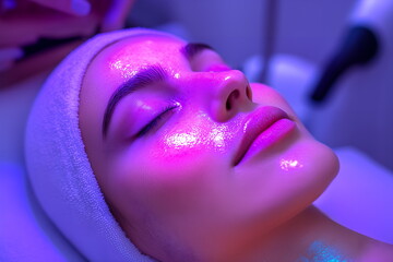 Close-up female face receiving photo rejuvenation treatment, with the light illuminating her skin