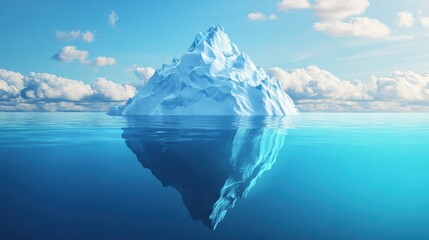 3d iceberg floating in the ocean, its tip above water and a massive submerged structure below. the m