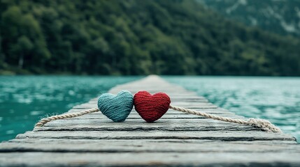 Wall Mural -   Two heart-shaped pendants dangle from a rope on the edge of a pier overlooking a serene body of water surrounded by majestic mountains