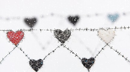   A few hearts dangle on a barbed wire with snow falling around them and black-and-white heart backdrop