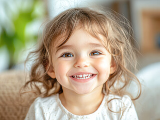 Wall Mural - A young girl with blonde hair and blue eyes is smiling and has her mouth open