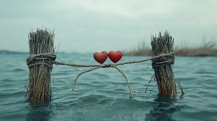   A pair of sticks protruding from a body of water, adorned with two red hearts atop one of them