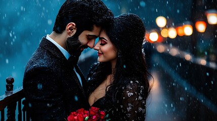   A man and woman stand together on a balcony during rain, holding a flower bouquet