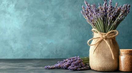 Wall Mural -   A vase adorned with fresh lavender blooms and a sprig of lavender rests atop a table