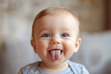 Poster - A baby is smiling and sticking out his tongue