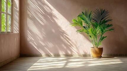 Wall Mural -   A potted plant near a window with sunlight and palm tree shadows on the wall