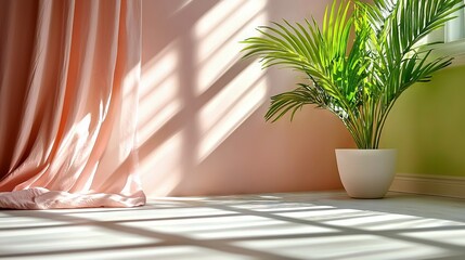 Wall Mural -   A potted plant sits beside a window in a room with a pink curtain and a white vase containing a green plant