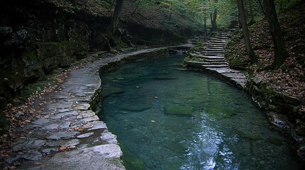 Wall Mural -   A lush green forest surrounds a river flowing towards stone steps leading to a stunning waterfall