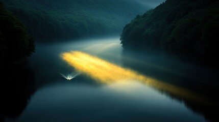 Wall Mural -   A boat drifts atop a serene lake beside a verdant forest of lush green hills bathed in golden light