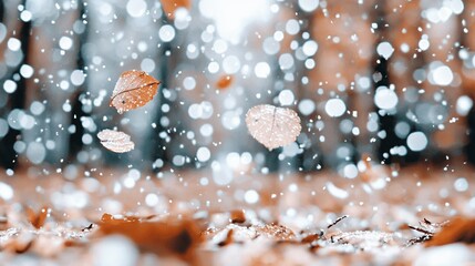 Wall Mural -   A cluster of leaves hovering above a snow-covered forest floor