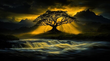 Wall Mural - a tree stands tall in a river, bathed in sunlight filtering through cloudy skies above the rippling 