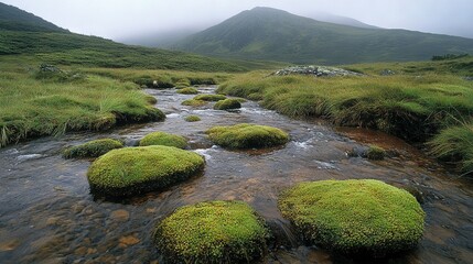 Wall Mural -   A small stream flows through a lush valley, surrounded by green grass-covered hills and rocky terrain