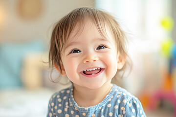 Poster - A smiling baby girl with a blue polka dot dress