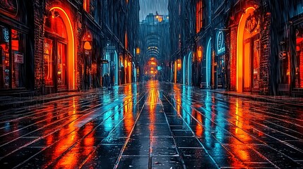 Wall Mural -  City street night with lit buildings and wet pavement reflecting light