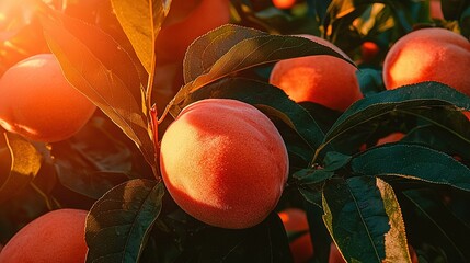 Wall Mural -   A cluster of peaches adorning a tree under the radiant sun's rays, with their sweetness intact