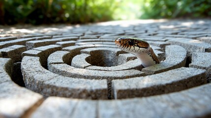   A close-up of a snake on a circular stone wall amidst grass in the foreground and trees in the distance