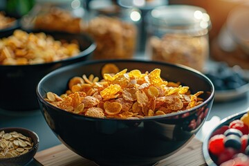 Wall Mural - A bowl of cereal sits on top of a table, ready for breakfast