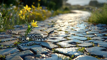 Wall Mural -   Snake on cobblestone beside yellow-flowering plant