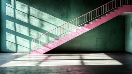   Two pink staircases next to green walls