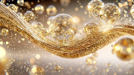 Wall Mural -   A group of golden-flecked bubbles floats atop a liquid-filled surface on a black-and-white backdrop