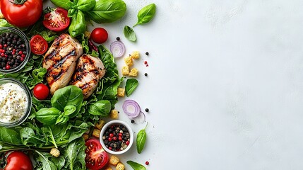 Wall Mural -   A white plate holds a delicious salad with juicy chicken, fresh tomatoes, crisp lettuce, savory olives, and an array of tantalizing toppings (