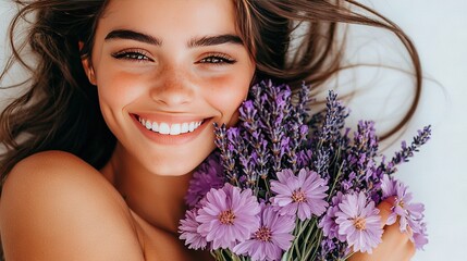 Wall Mural -   Woman smiling with purple flowers in front of face, hair blowing in wind