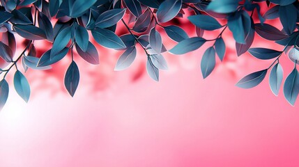 Wall Mural -   A tree branch with green leaves on a pink-pink background can be used as an image or text placement