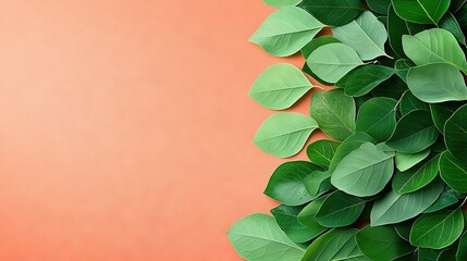 Wall Mural -   A pink background showcases a close-up of several vibrant green leaves There's ample space for text to be added to the left side of the image