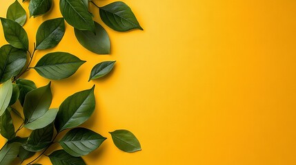 Wall Mural -   Green leaves stacked on top of one another on a yellow background with text space