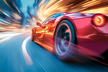 Wall Mural - A red sports car speeding through the city, with a blurred background,