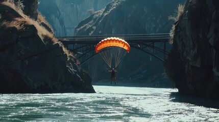 Wall Mural - A person enjoying the thrill of parasailing above a river, with a bridge in the background