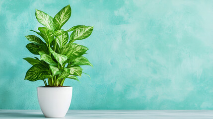 Wall Mural - Green Plant in White Pot Against Teal Wall - Perfect for Home Decor or Product Display