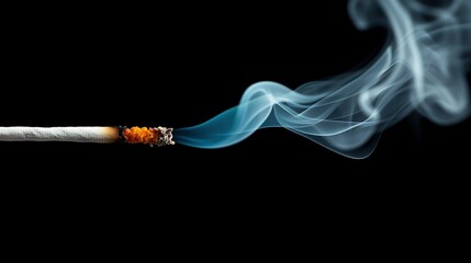  A close-up of a lit cigarette emitting smoke from its tip against a dark backdrop